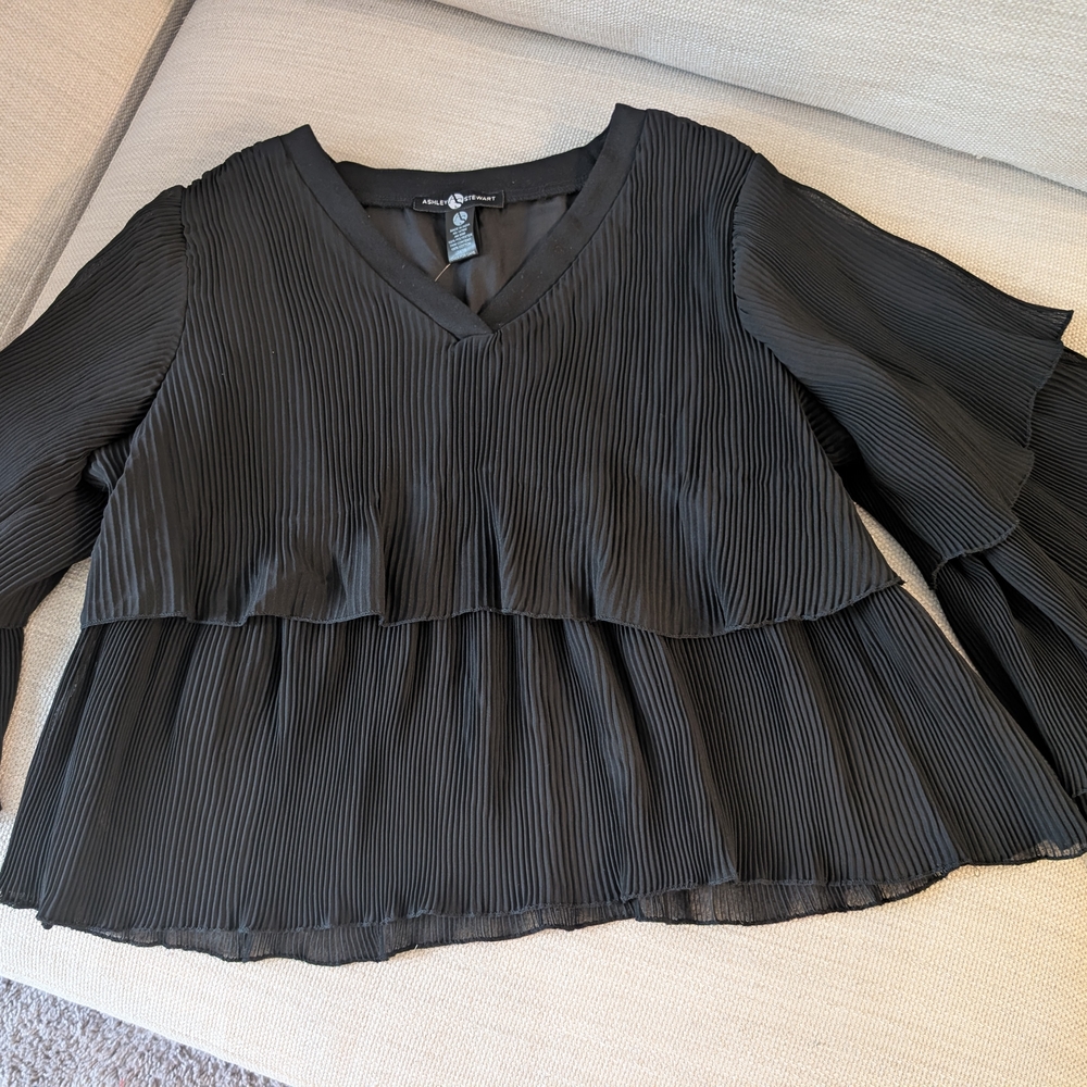 Ashley Stewart Black Pleated V-Neck Blouse